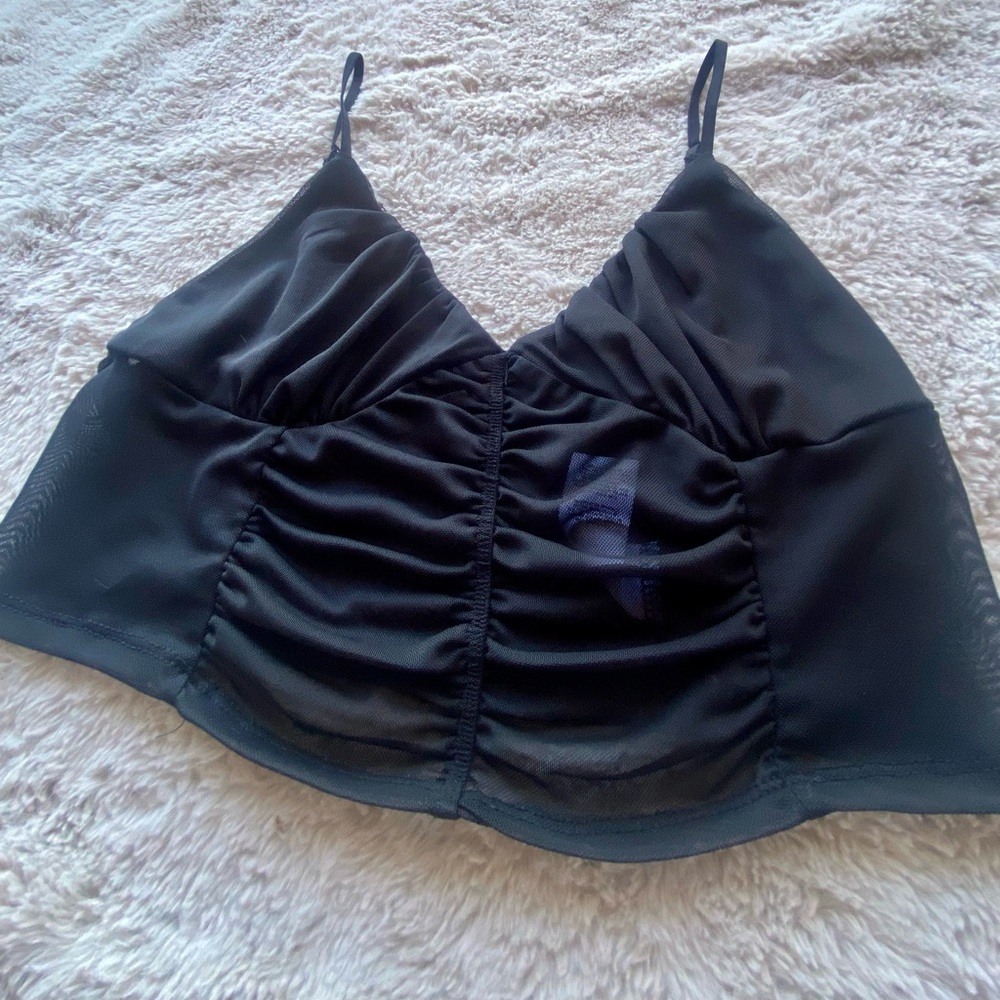 Garage Women’s Sheer Mesh Ruched Black Cami Crop Top Size L